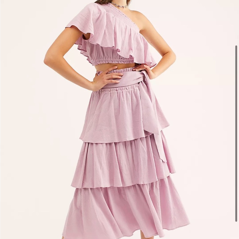 Lilac Tiered Ruffle Maxi Skirt and Shirt - Women